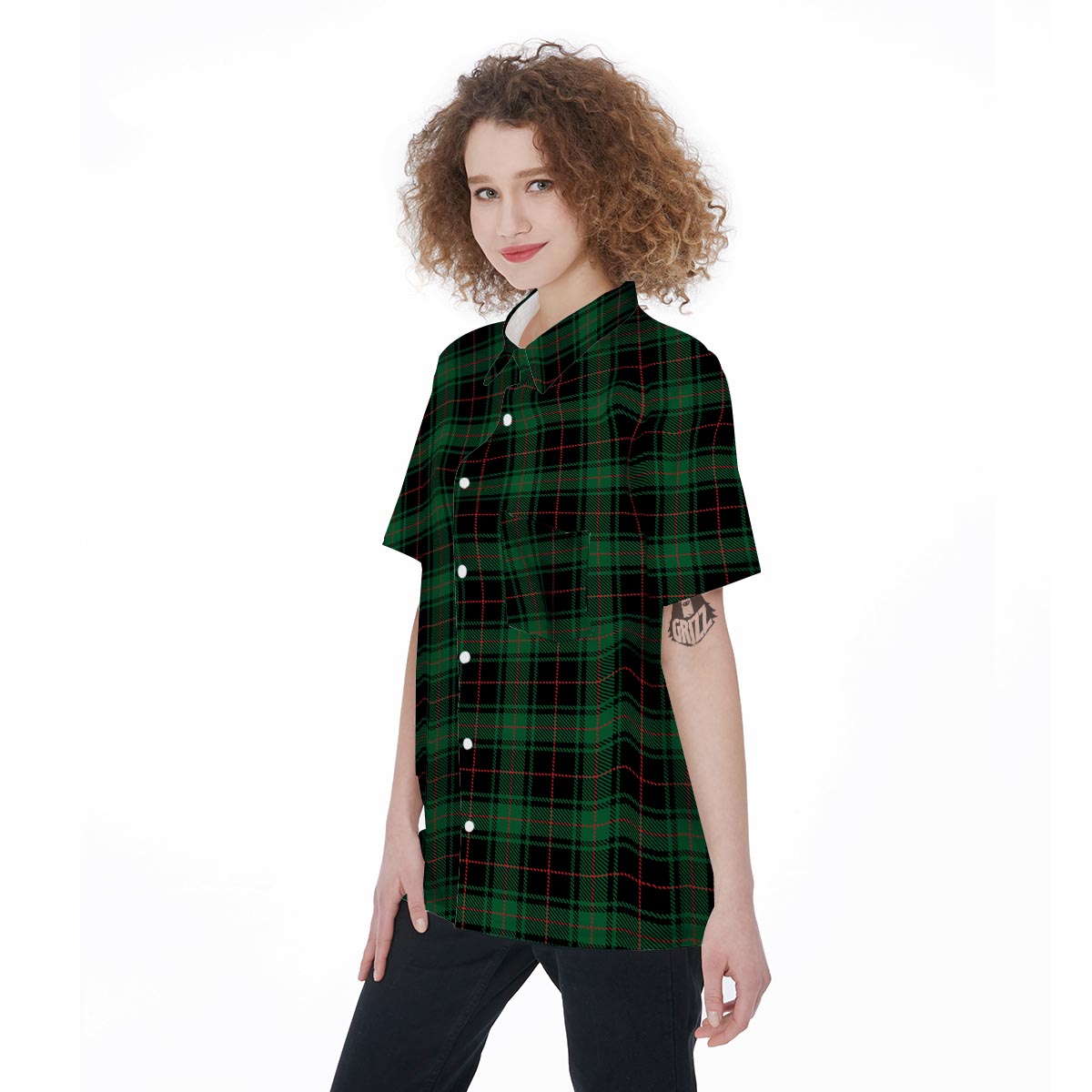 Black Green Plaid Tartan Women's Short Sleeve Shirts-grizzshop