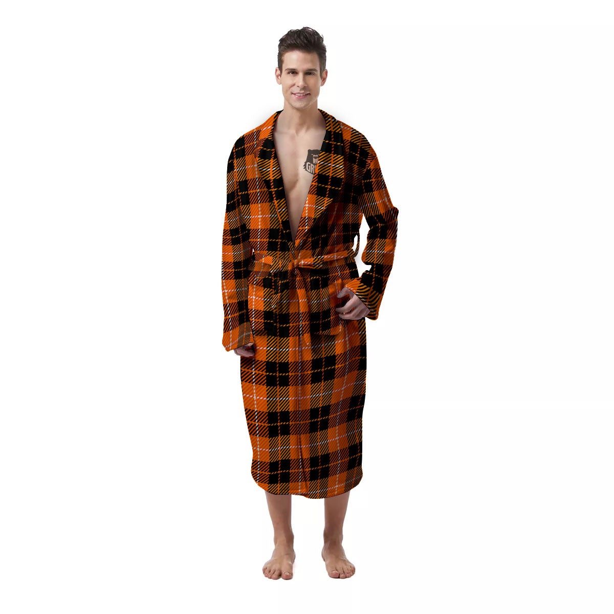 Black Grey Orange And White Plaid Print Men's Robe-grizzshop