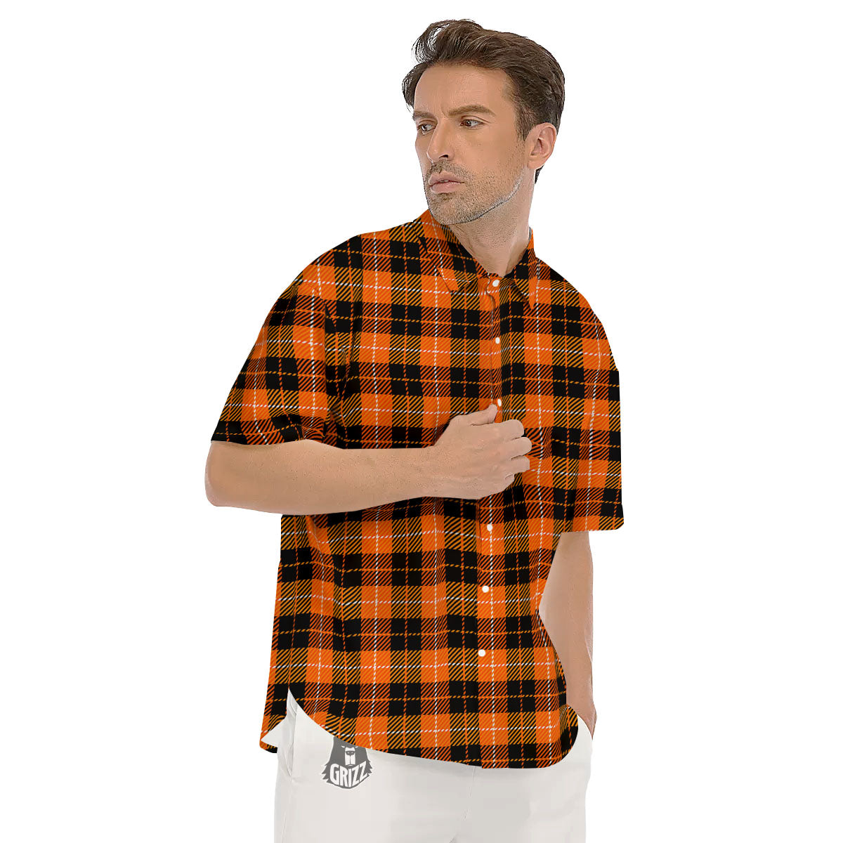 Black Grey Orange And White Plaid Print Men's Short Sleeve Shirts-grizzshop