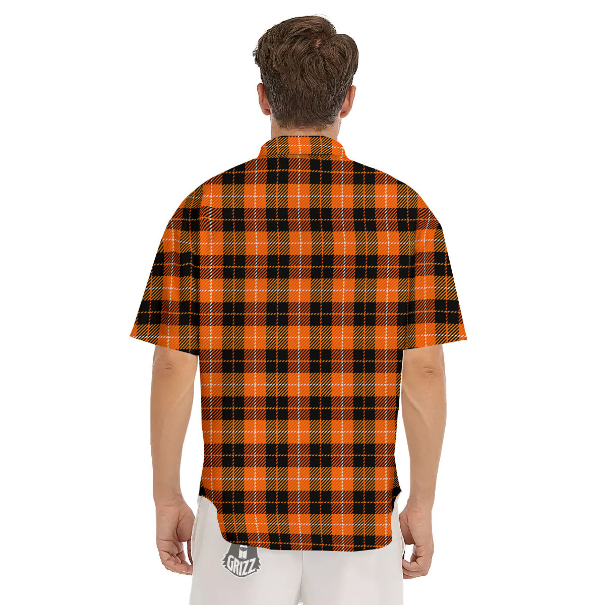 Black Grey Orange And White Plaid Print Men's Short Sleeve Shirts-grizzshop