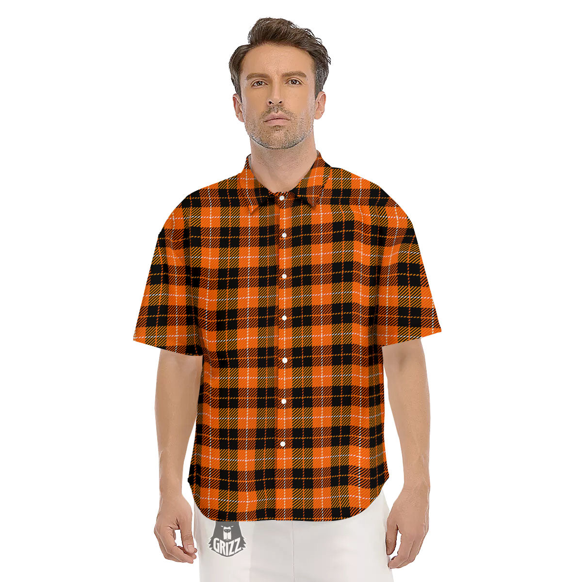 Black Grey Orange And White Plaid Print Men's Short Sleeve Shirts-grizzshop