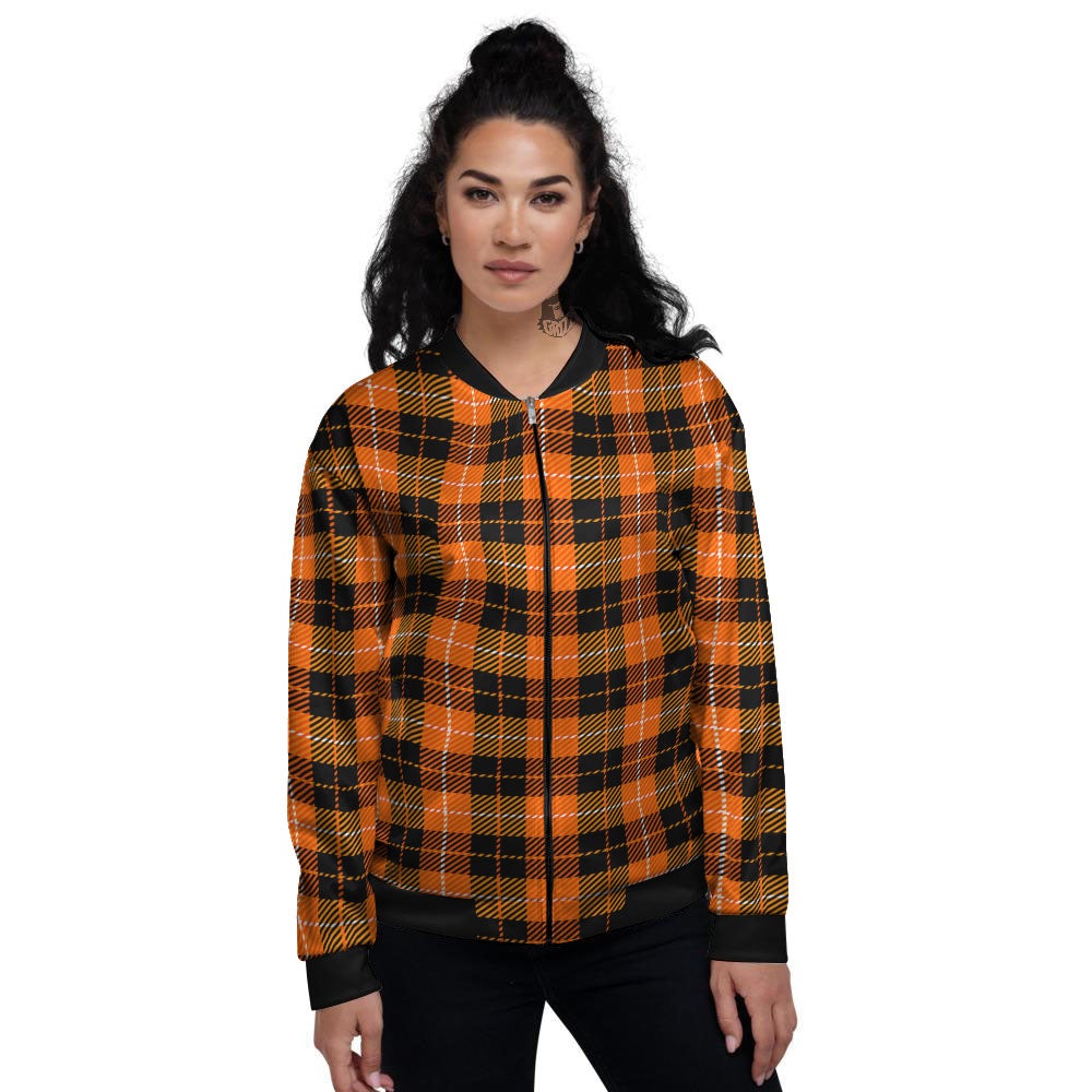 Black Grey Orange And White Plaid Print Women's Bomber Jacket-grizzshop