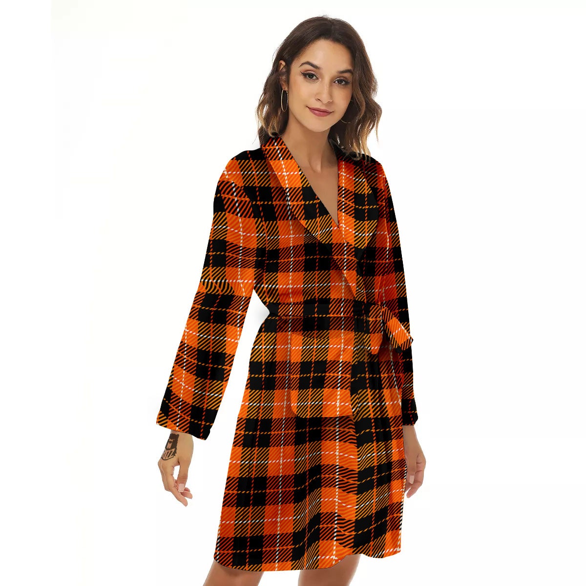Black Grey Orange And White Plaid Print Women's Robe-grizzshop