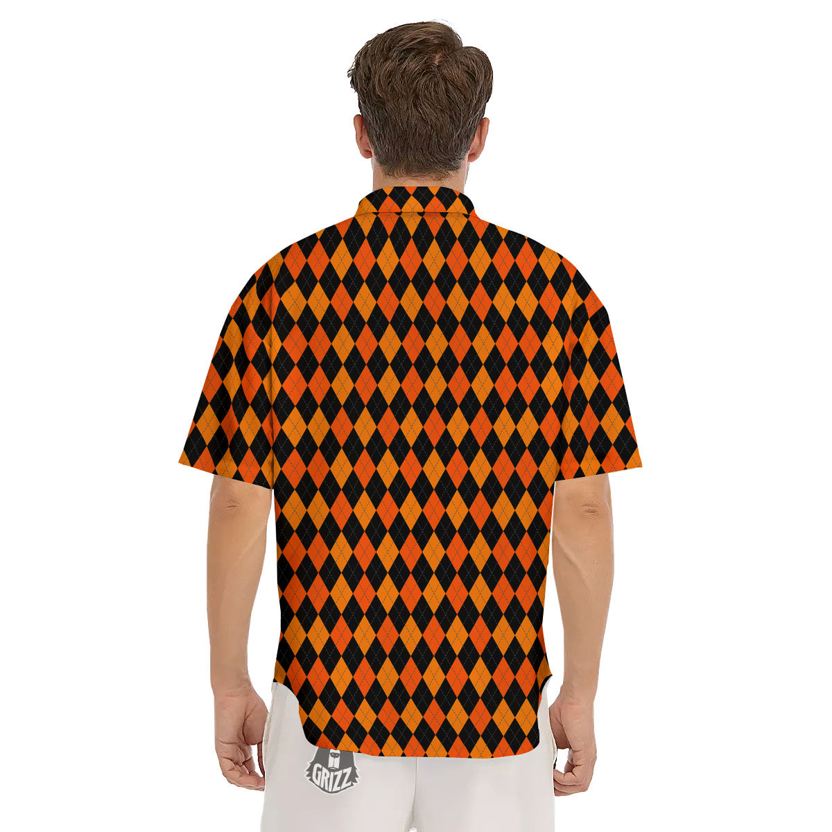 Black Halloween And Orange Argyle Print Men's Short Sleeve Shirts-grizzshop