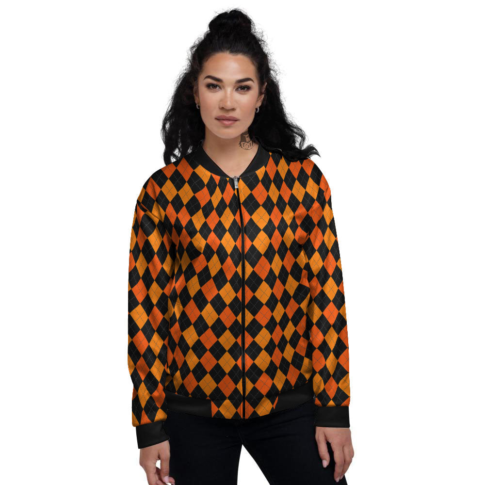 Black Halloween And Orange Argyle Print Women's Bomber Jacket-grizzshop