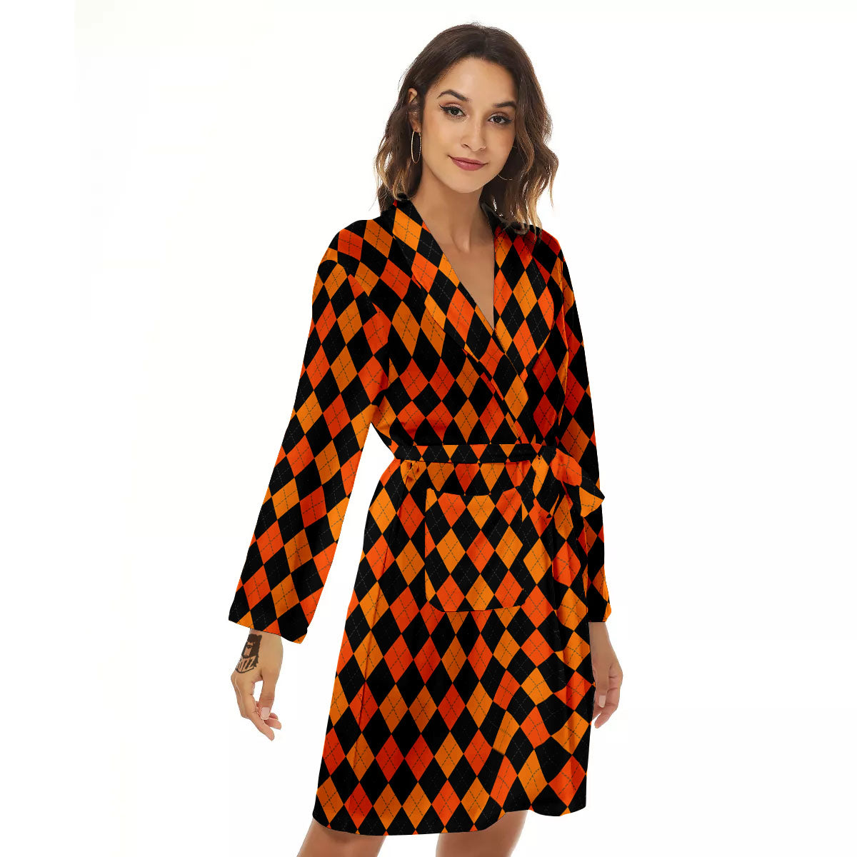 Black Halloween And Orange Argyle Print Women's Robe-grizzshop