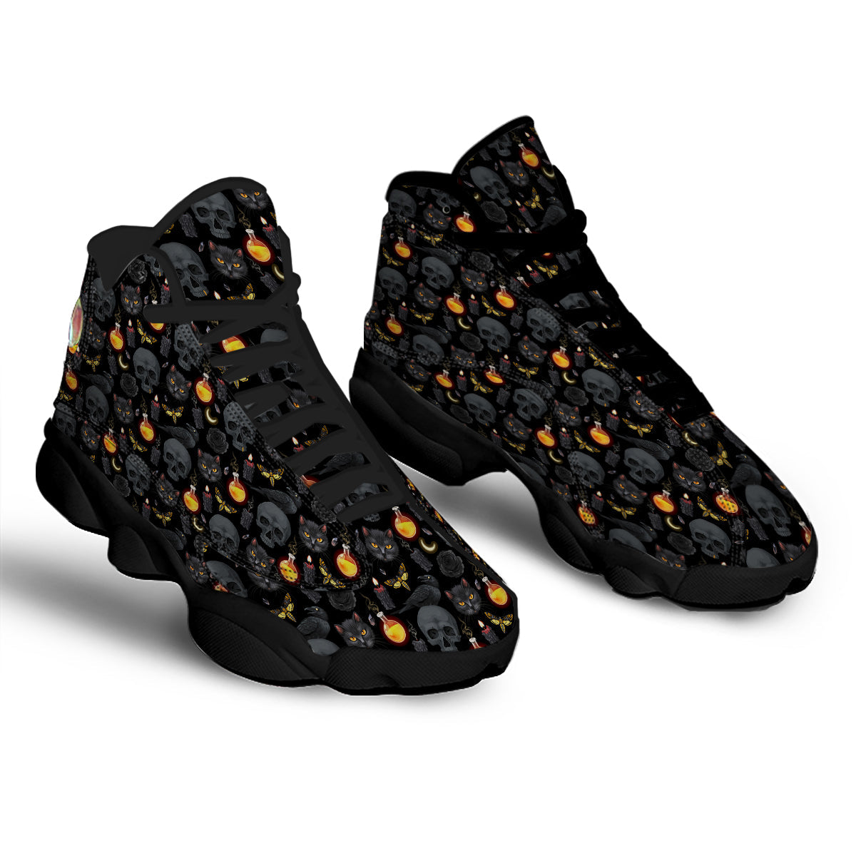 Black Head Cat Raven And Skull Print Pattern Black Basketball Shoes-grizzshop
