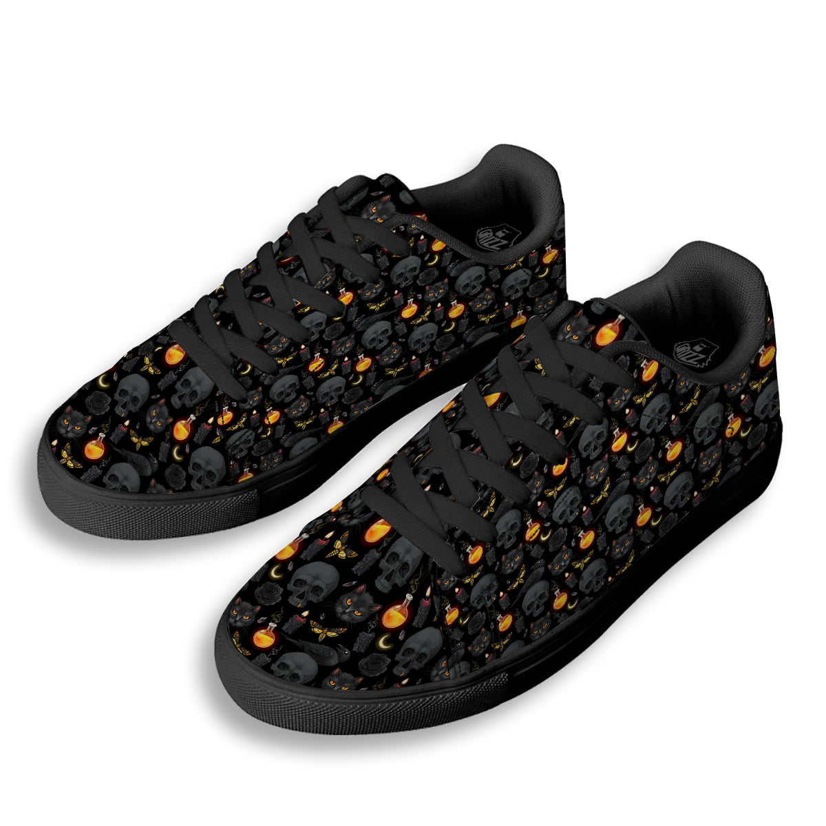 Black Head Cat Raven And Skull Print Pattern Black Low Top Sneakers-grizzshop