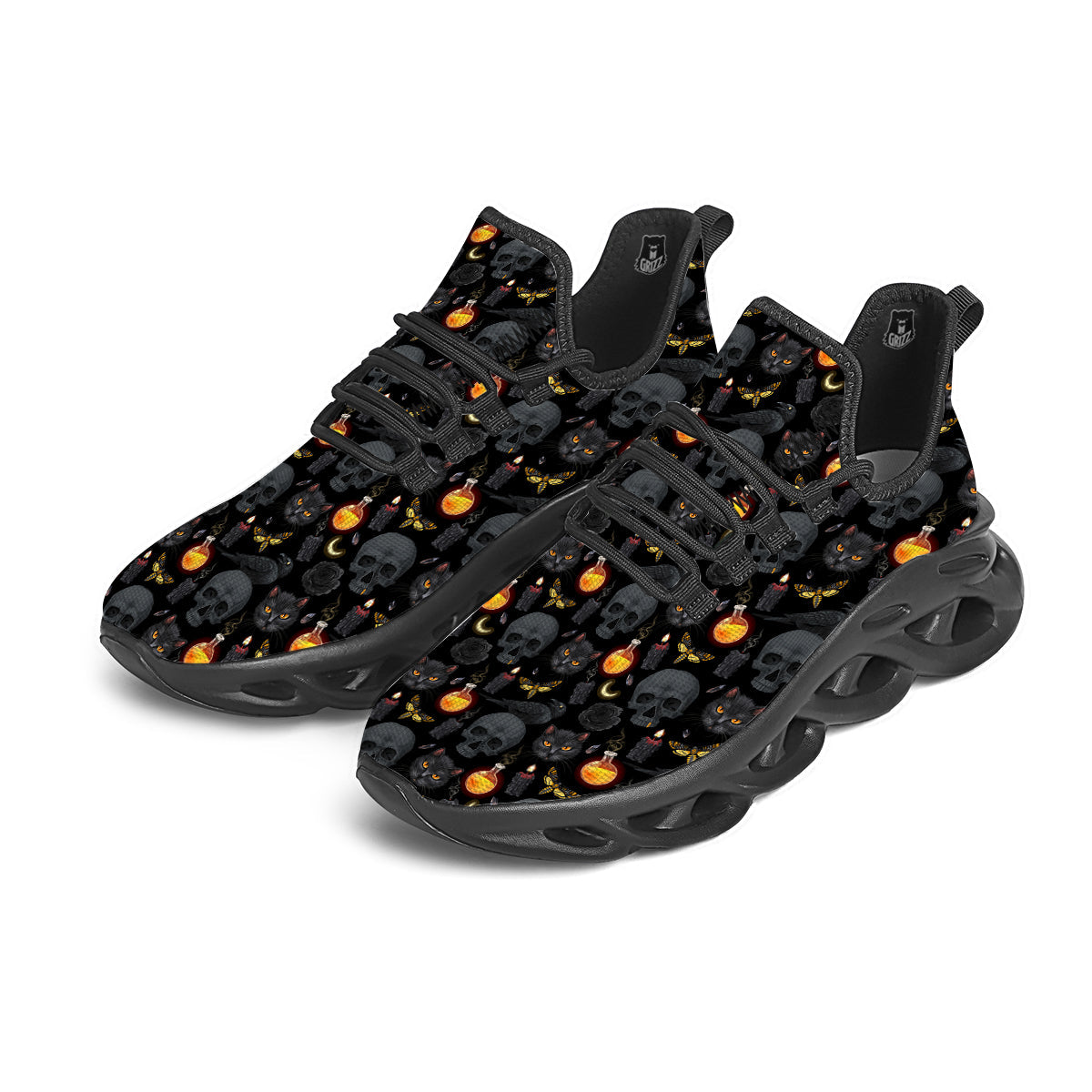 Black Head Cat Raven And Skull Print Pattern Black Running Shoes-grizzshop