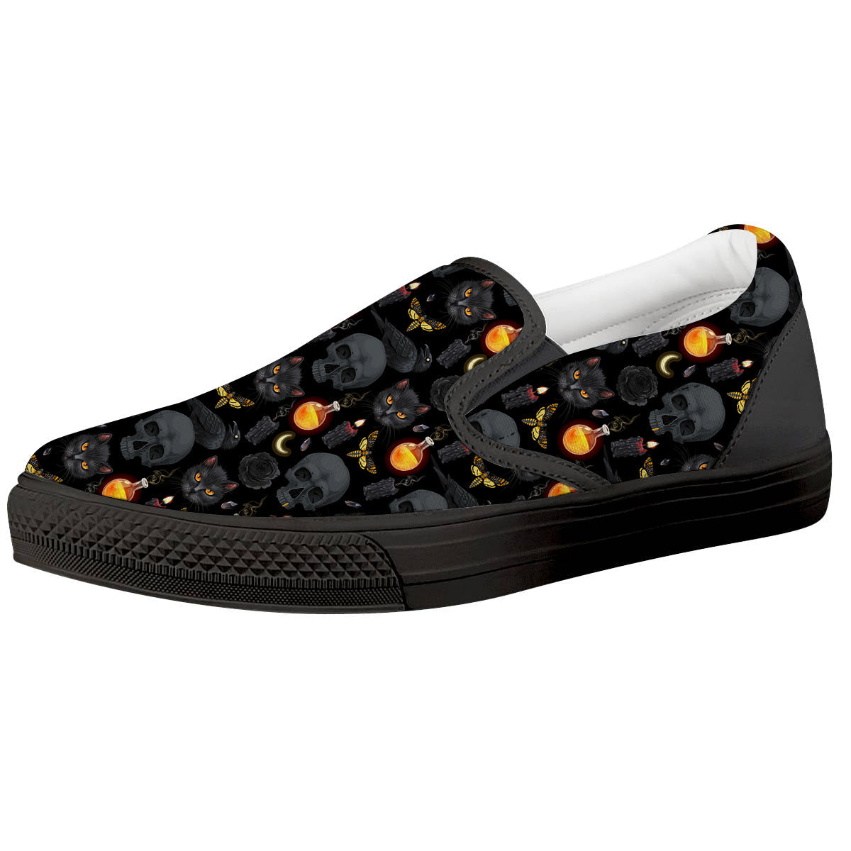 Black Head Cat Raven And Skull Print Pattern Black Slip On Shoes-grizzshop