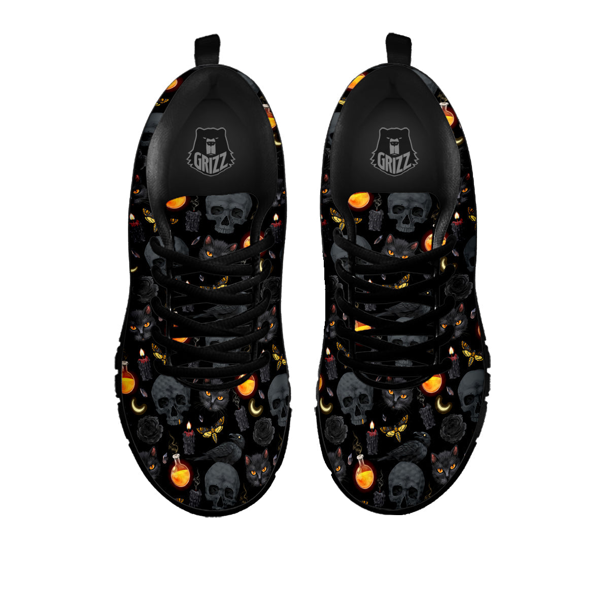 Black Head Cat Raven And Skull Print Pattern Black Sneaker-grizzshop