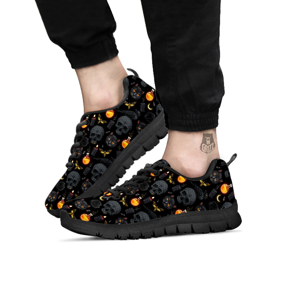 Black Head Cat Raven And Skull Print Pattern Black Sneaker-grizzshop