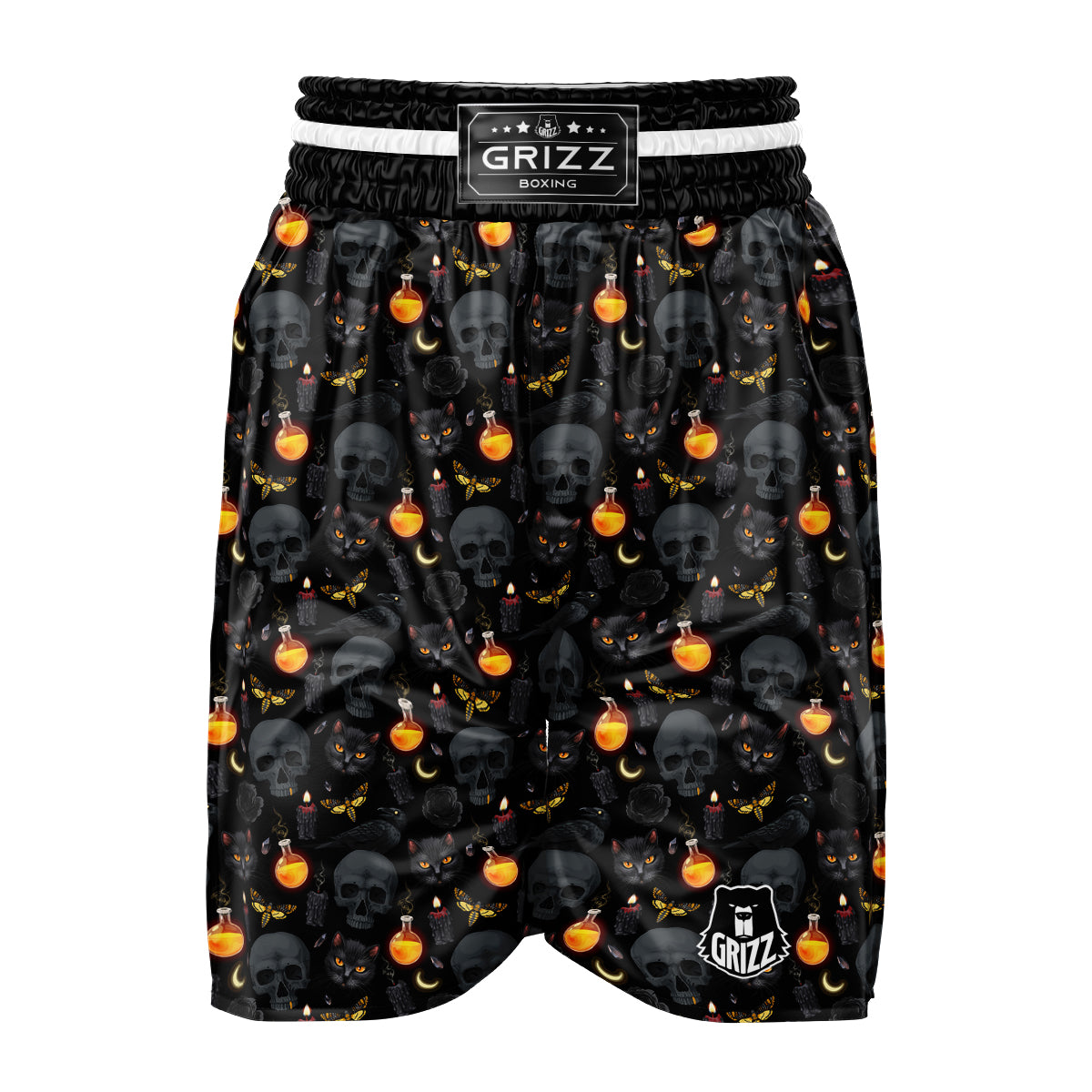 Black Head Cat Raven And Skull Print Pattern Boxing Shorts-grizzshop