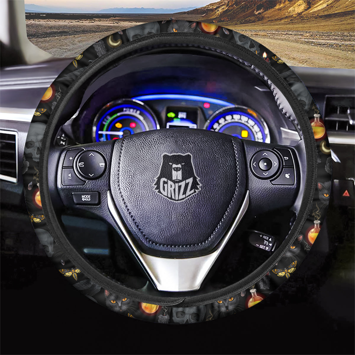 Black Head Cat Raven And Skull Print Pattern Car Steering Wheel Cover-grizzshop
