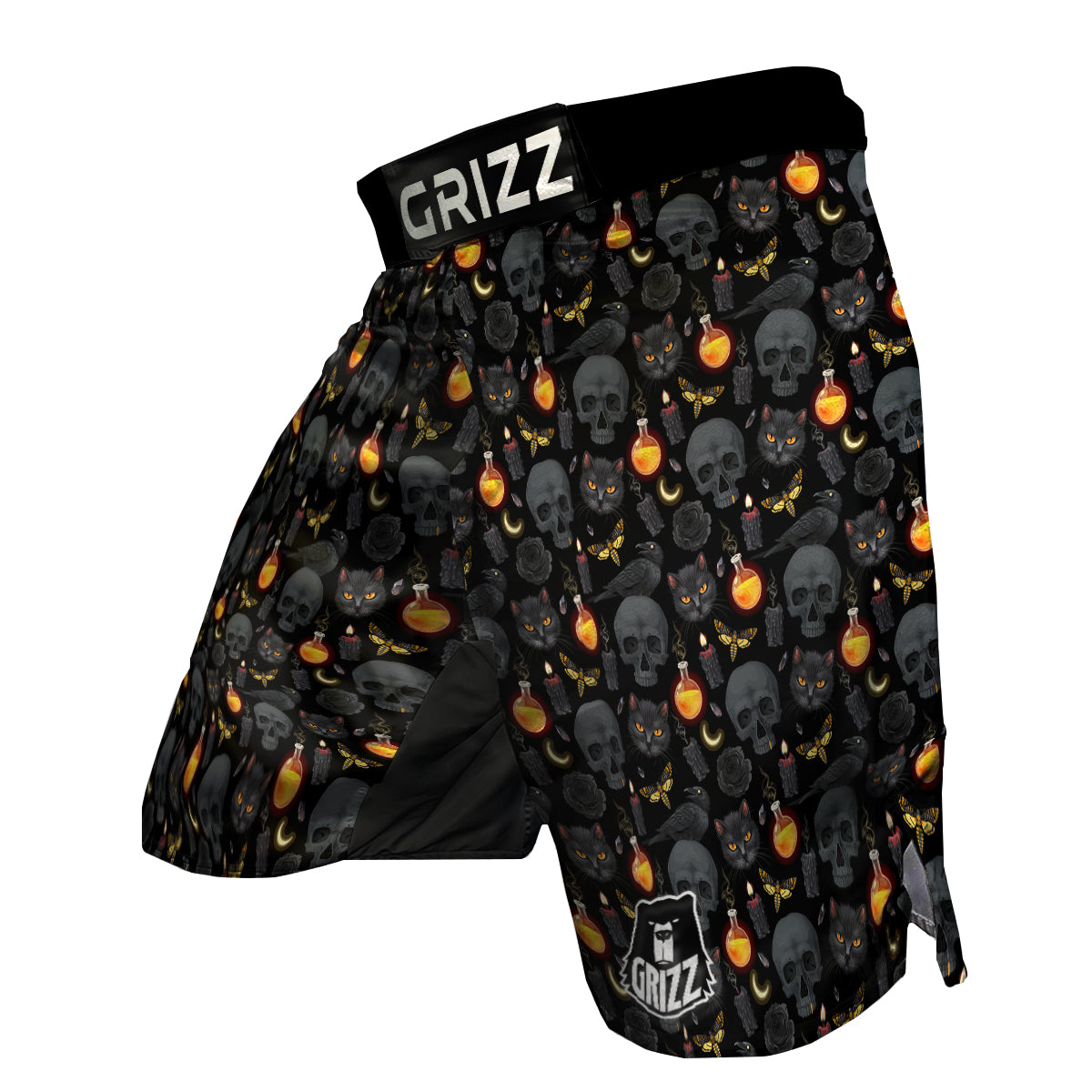 Black Head Cat Raven And Skull Print Pattern MMA Shorts-grizzshop