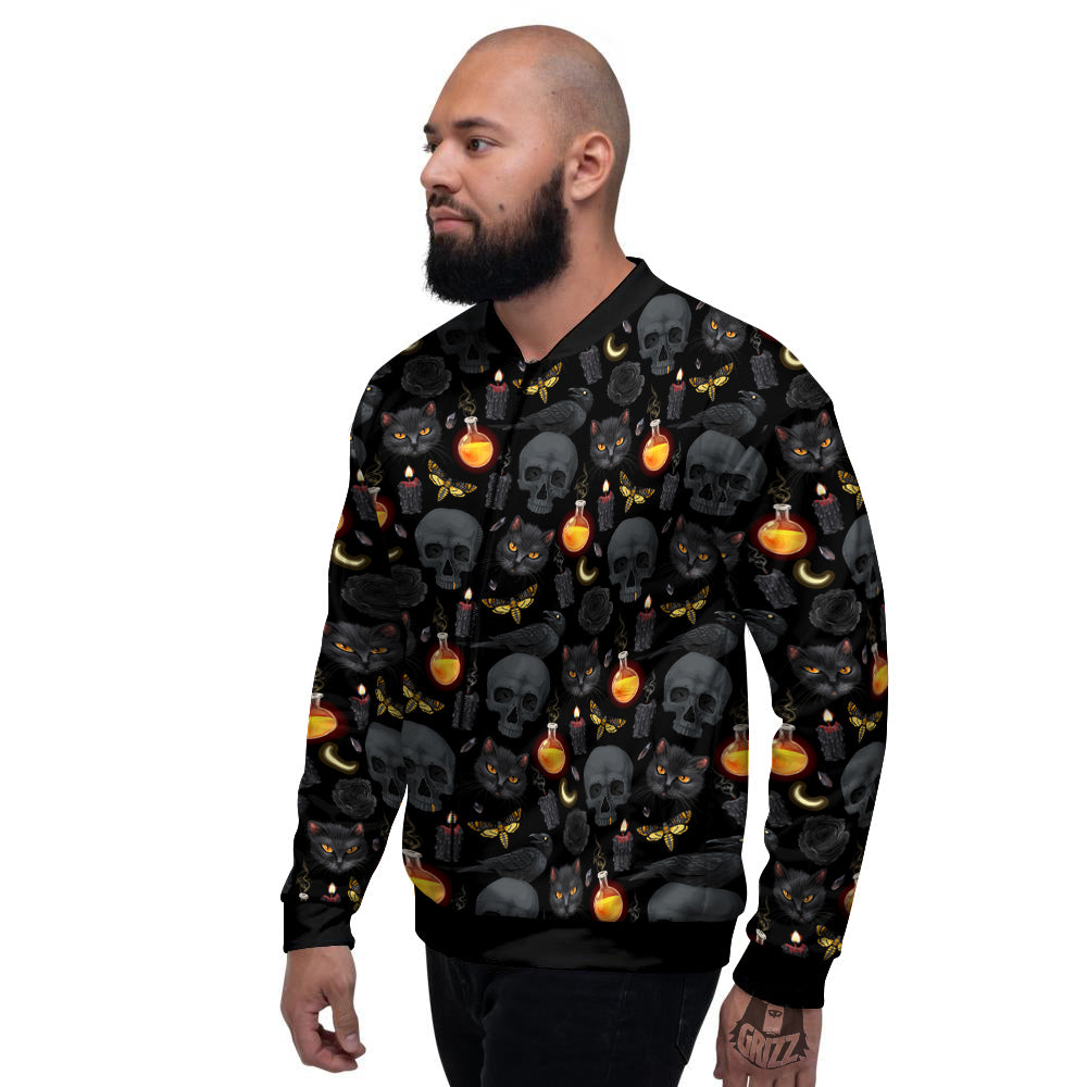 Black Head Cat Raven And Skull Print Pattern Men's Bomber Jacket-grizzshop