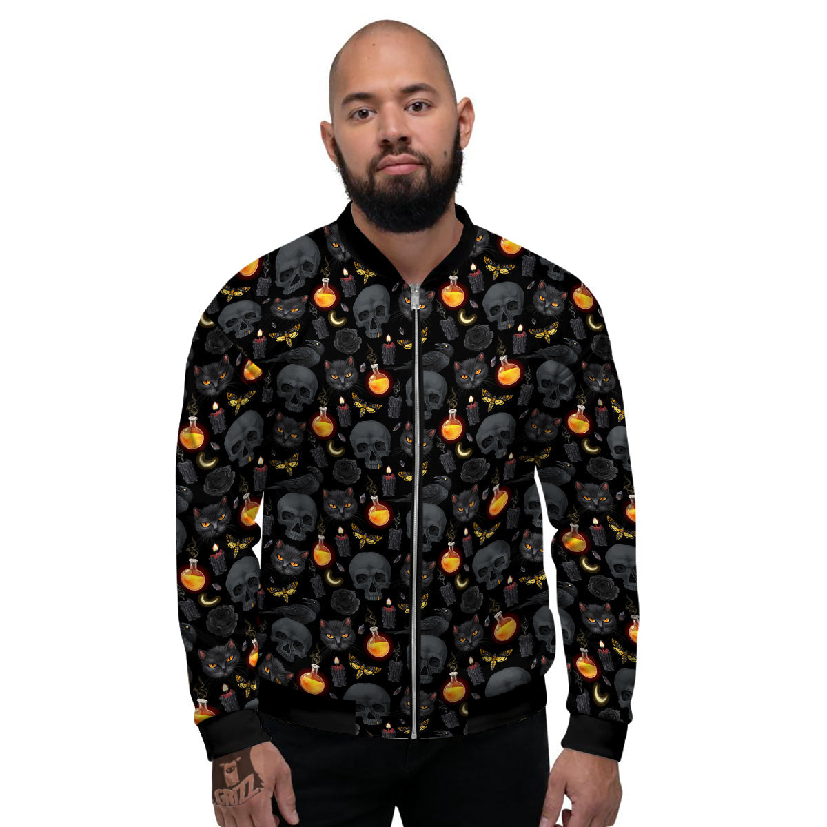 Black Head Cat Raven And Skull Print Pattern Men's Bomber Jacket-grizzshop