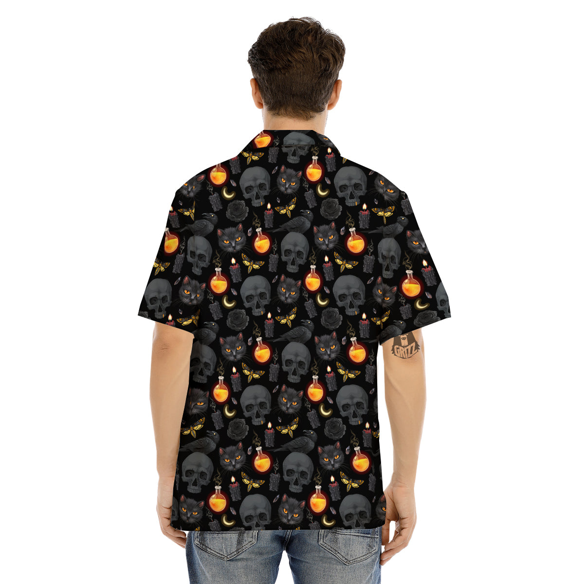 Black Head Cat Raven And Skull Print Pattern Men's Hawaiian Shirt-grizzshop