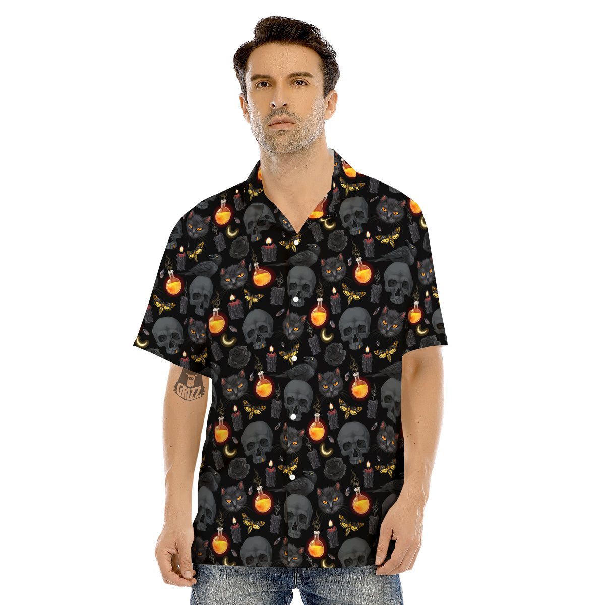 Black Head Cat Raven And Skull Print Pattern Men's Hawaiian Shirt-grizzshop