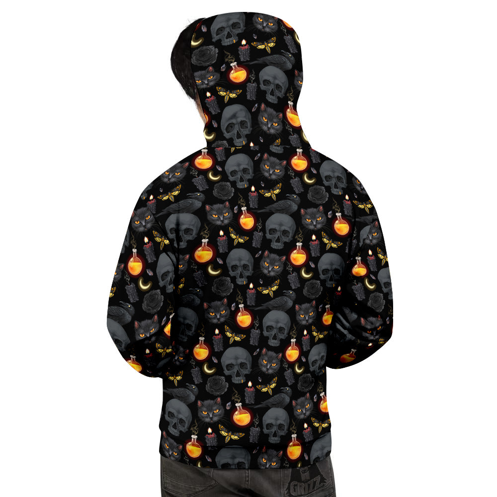 Black Head Cat Raven And Skull Print Pattern Men's Hoodie-grizzshop