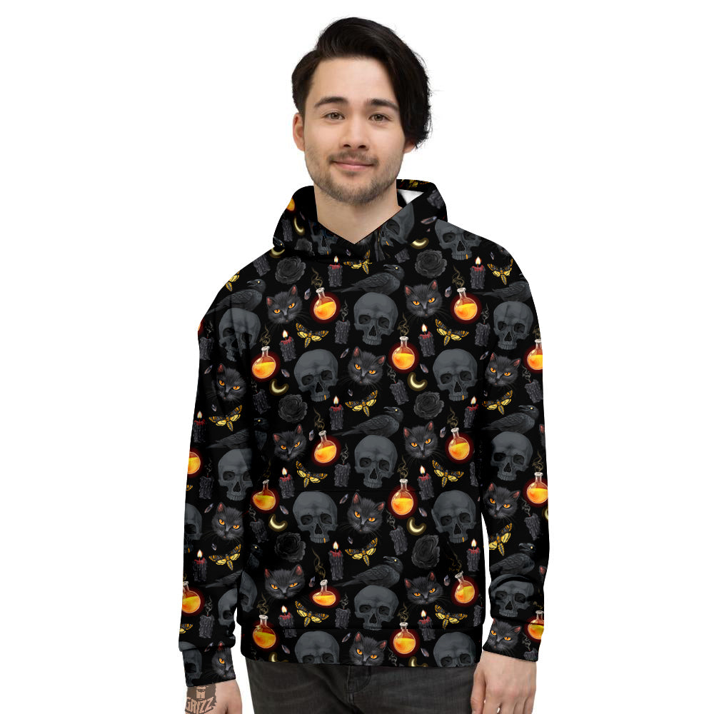 Black Head Cat Raven And Skull Print Pattern Men's Hoodie-grizzshop