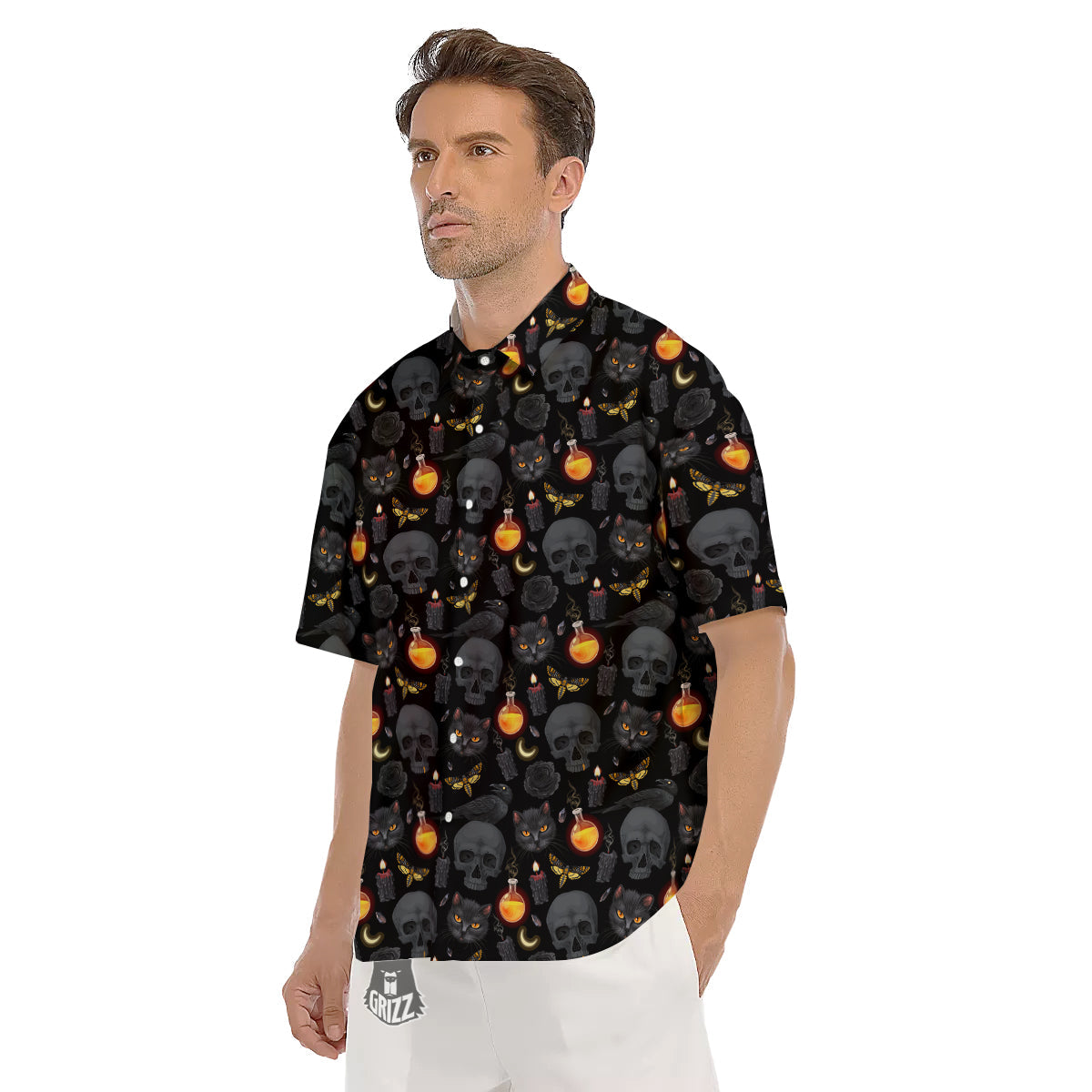 Black Head Cat Raven And Skull Print Pattern Men's Short Sleeve Shirts-grizzshop