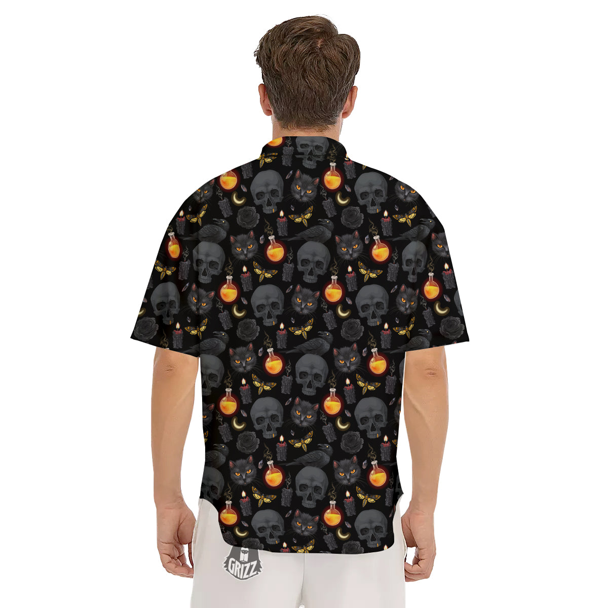 Black Head Cat Raven And Skull Print Pattern Men's Short Sleeve Shirts-grizzshop