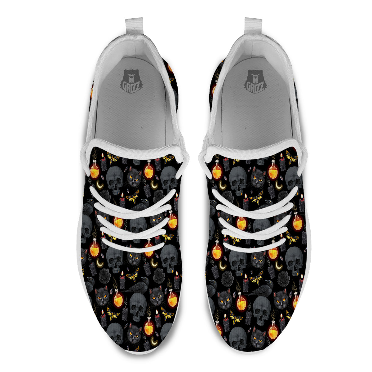 Black Head Cat Raven And Skull Print Pattern White Athletic Shoes-grizzshop