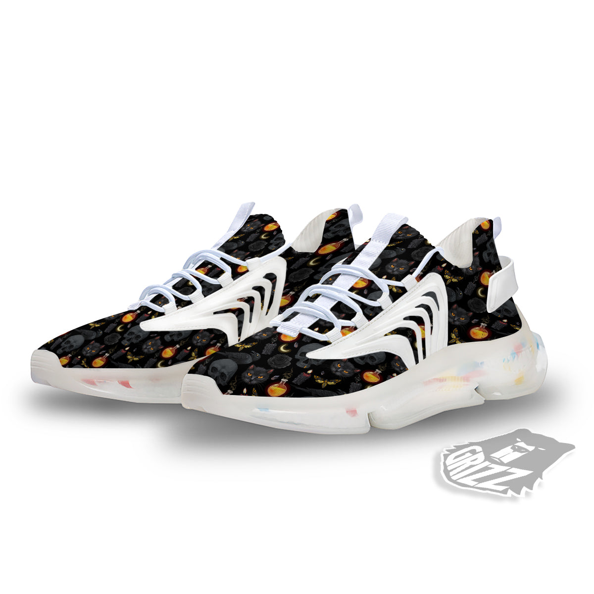 Black Head Cat Raven And Skull Print Pattern White Gym Shoes-grizzshop