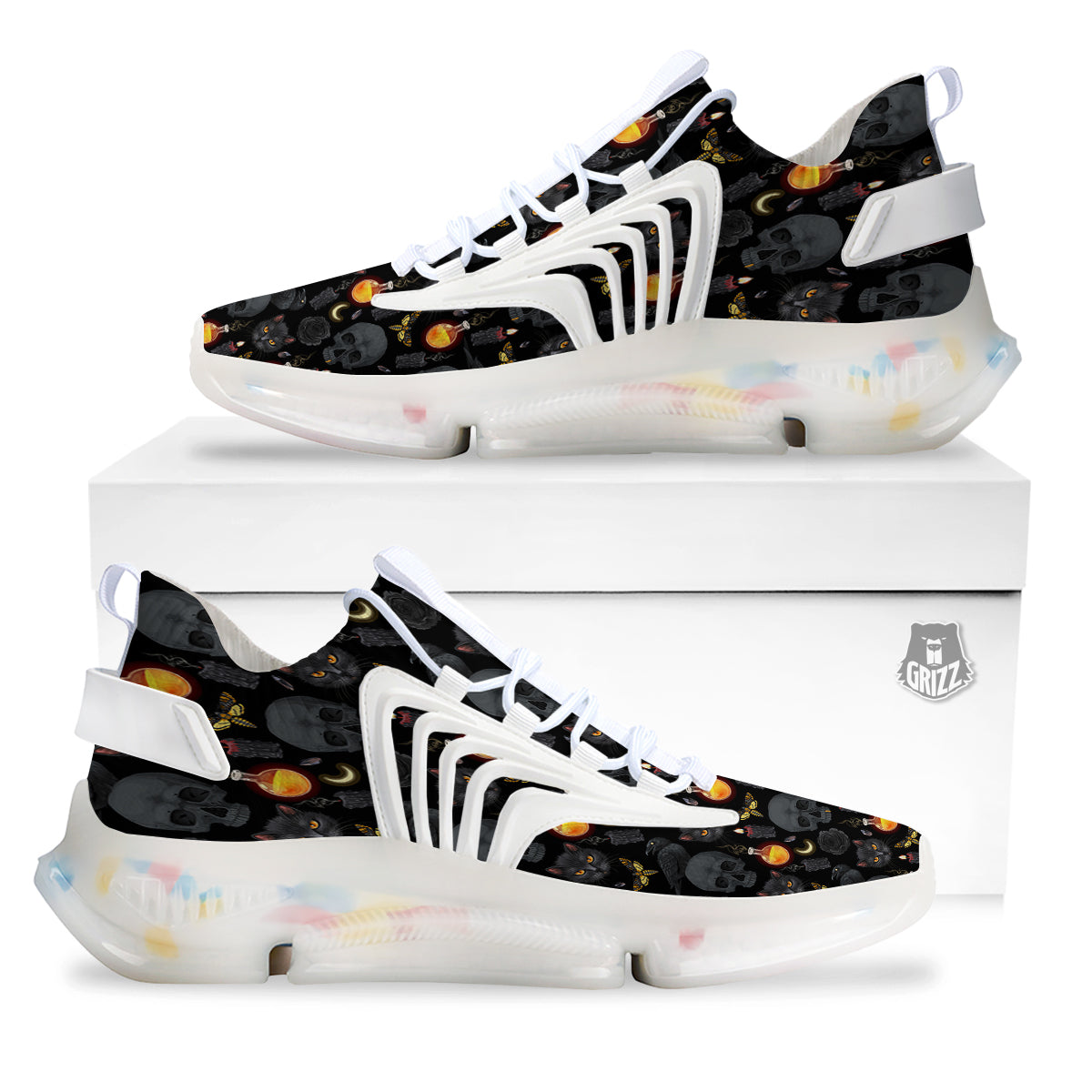 Black Head Cat Raven And Skull Print Pattern White Gym Shoes-grizzshop