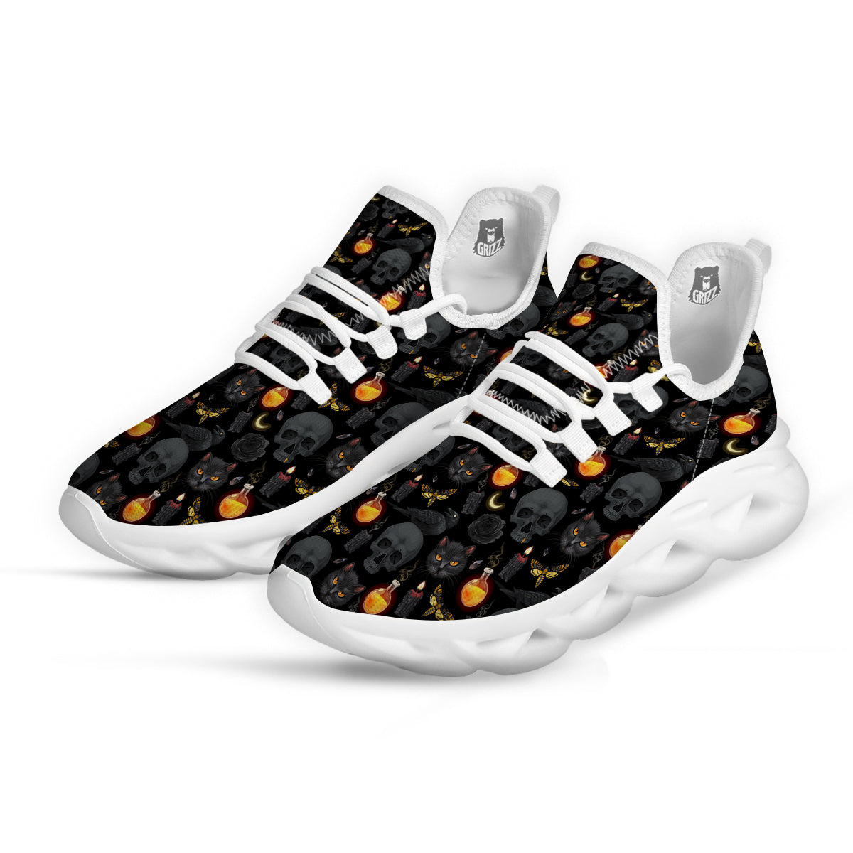 Black Head Cat Raven And Skull Print Pattern White Running Shoes-grizzshop