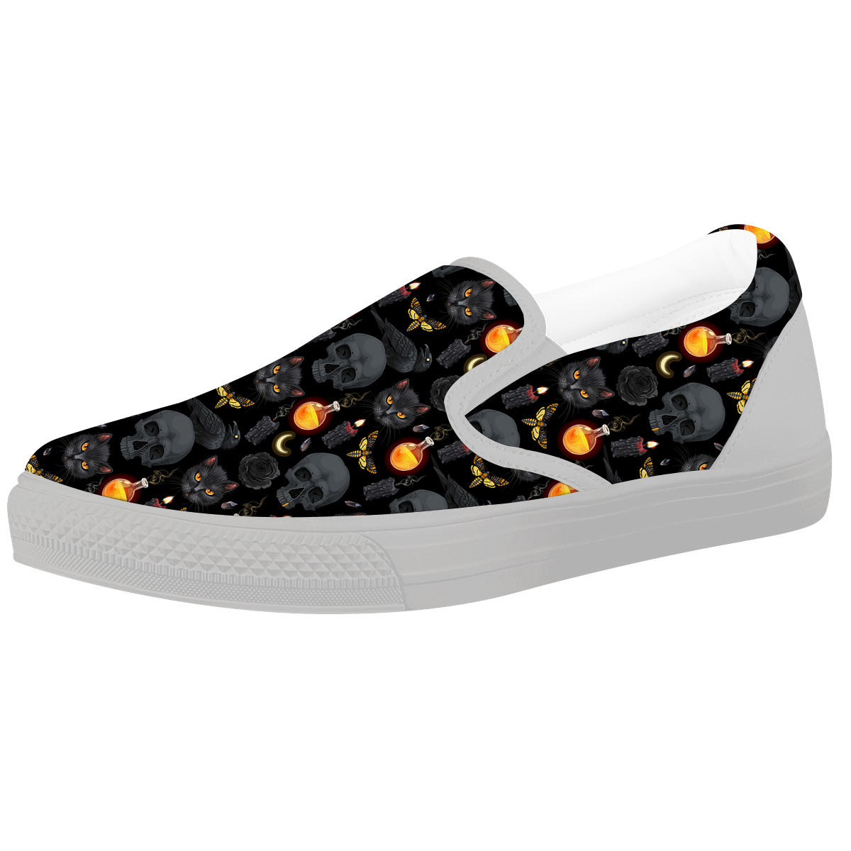 Black Head Cat Raven And Skull Print Pattern White Slip On Shoes-grizzshop