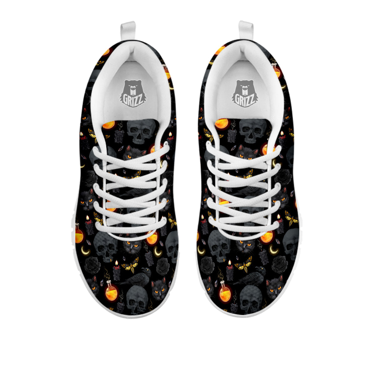 Black Head Cat Raven And Skull Print Pattern White Sneaker-grizzshop