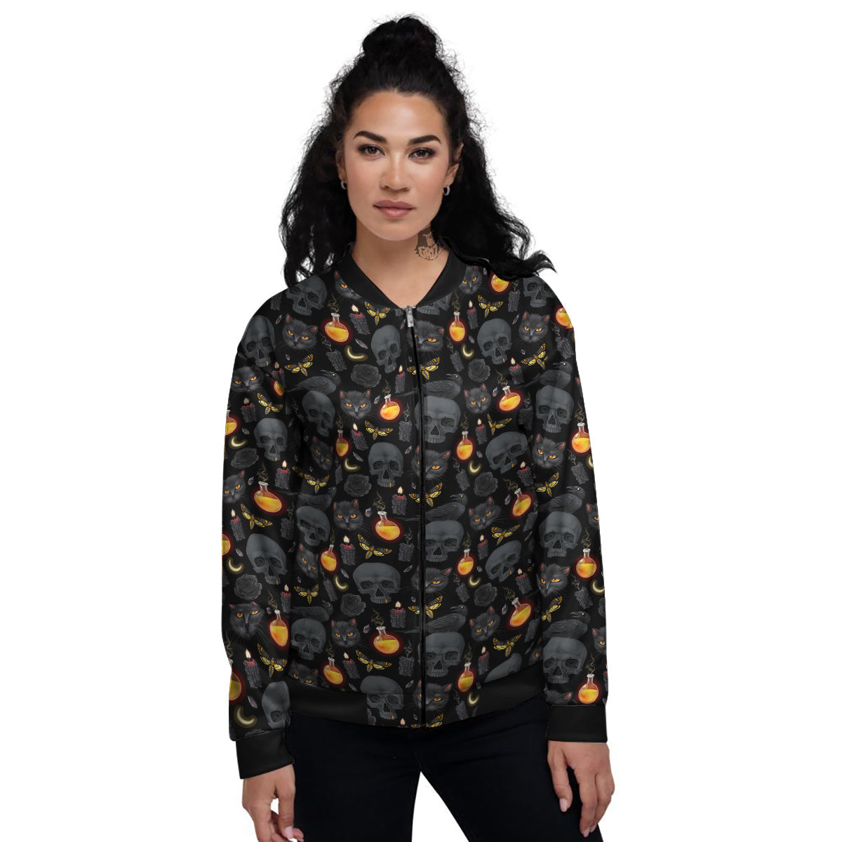 Black Head Cat Raven And Skull Print Pattern Women's Bomber Jacket-grizzshop