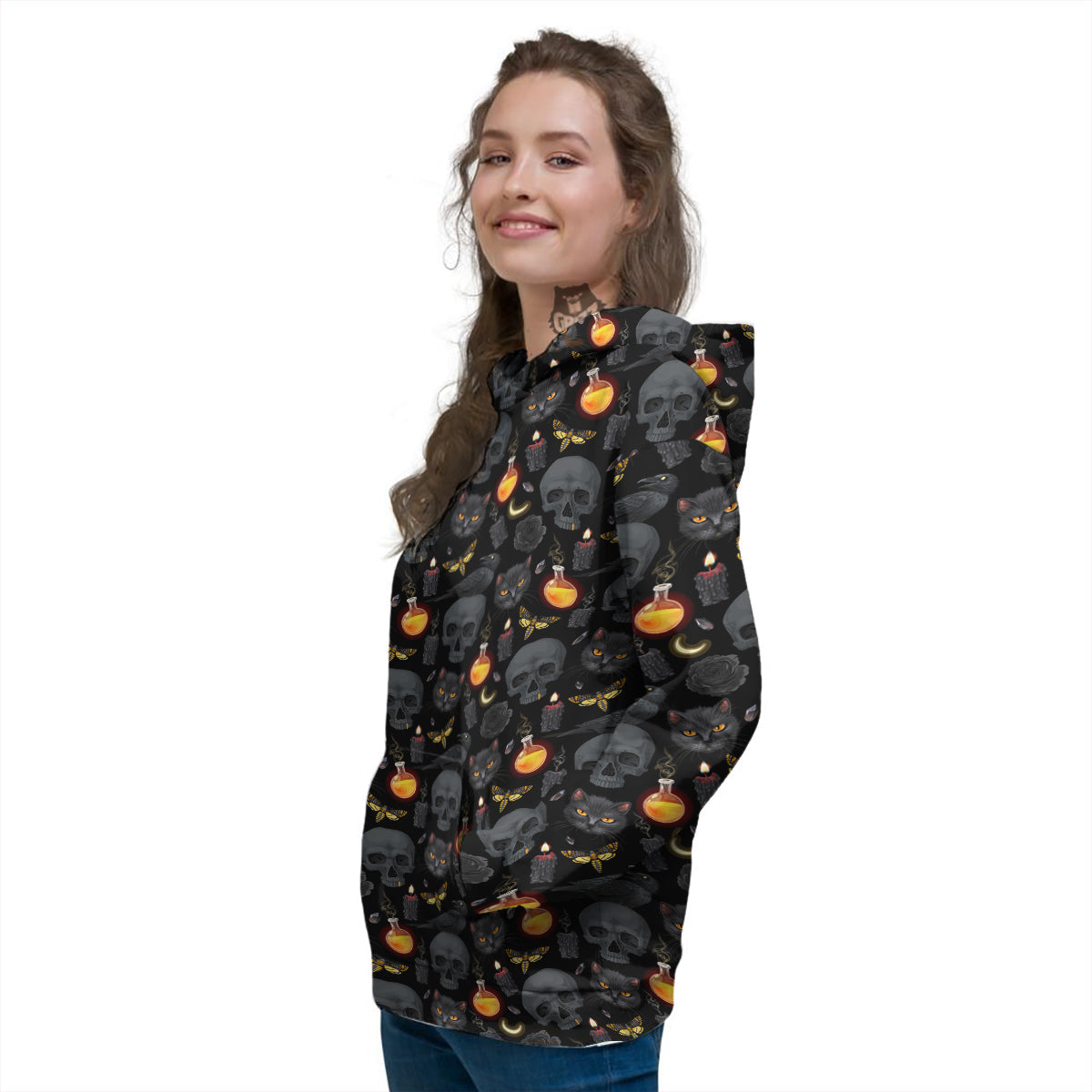 Black Head Cat Raven And Skull Print Pattern Women's Hoodie-grizzshop