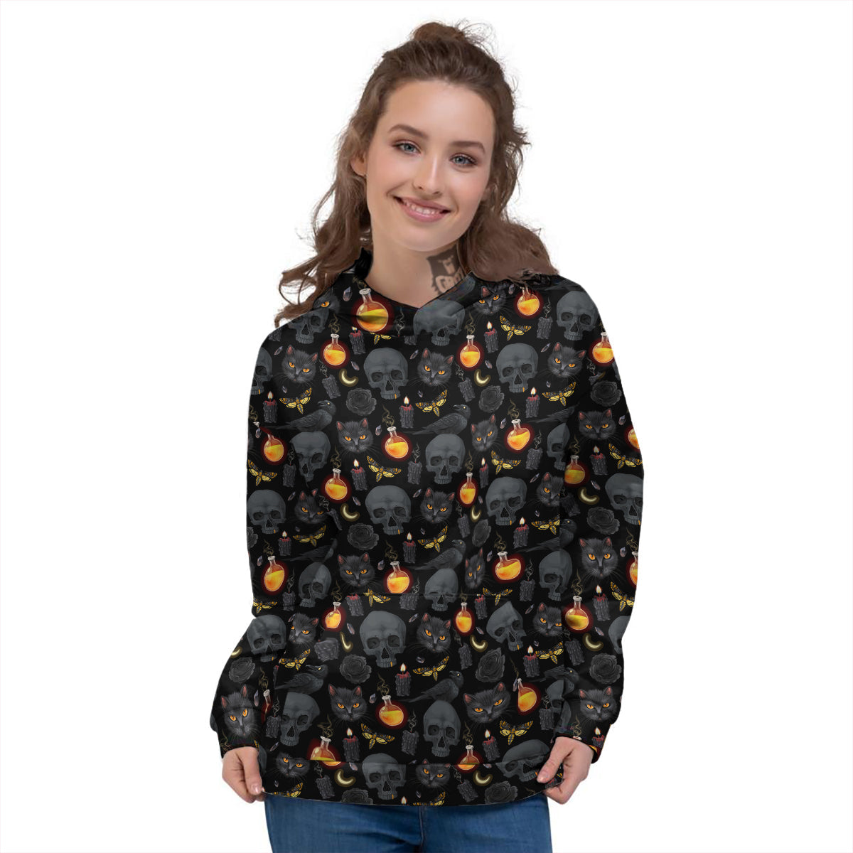 Black Head Cat Raven And Skull Print Pattern Women's Hoodie-grizzshop