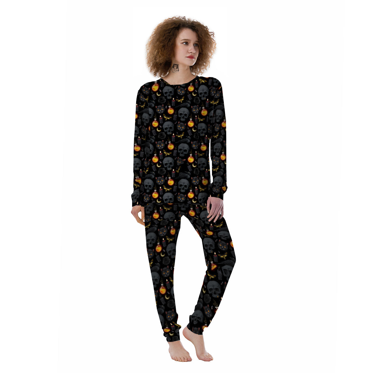 Black Head Cat Raven And Skull Print Pattern Women's Pajamas-grizzshop