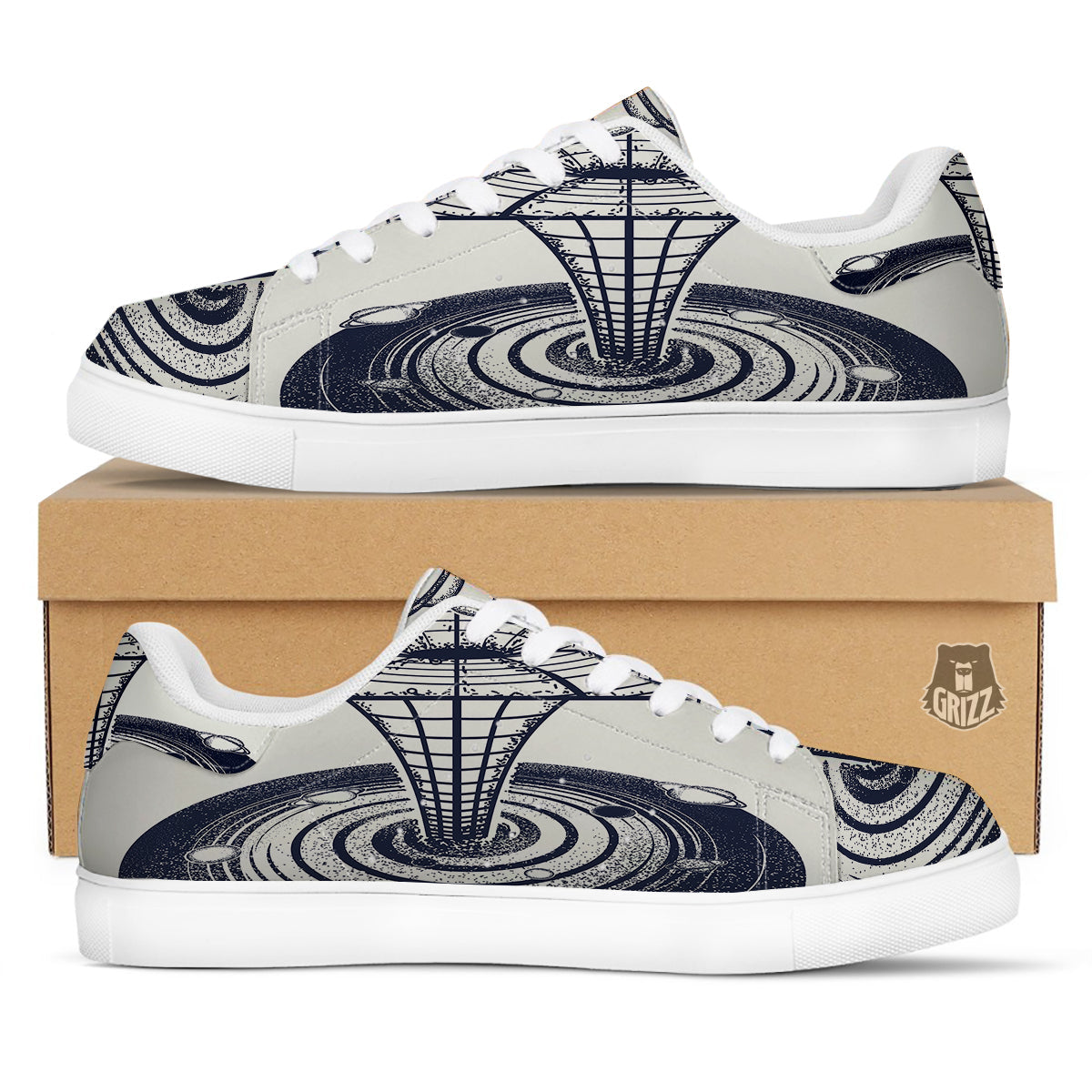Black Hole Tattoo Print White Low Top Sneakers-grizzshop