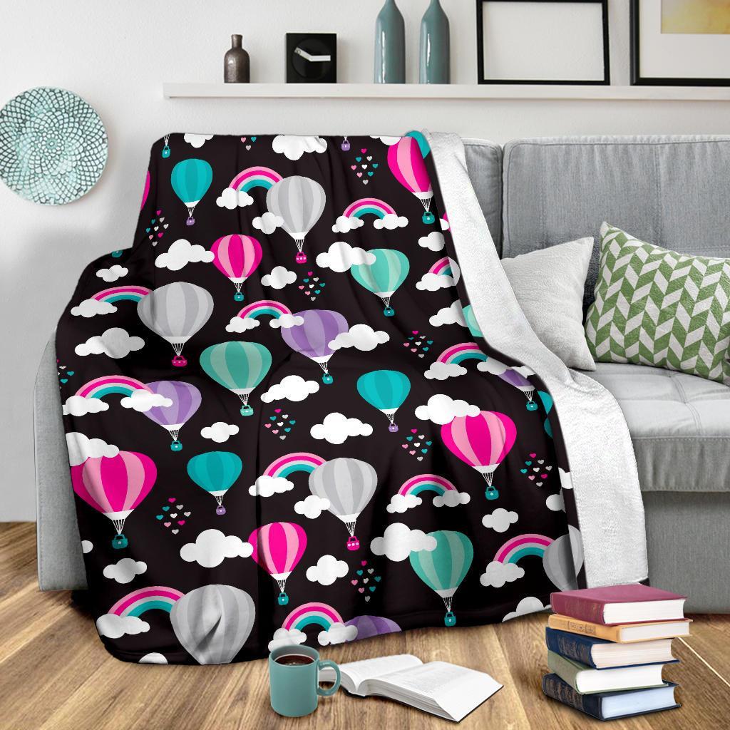 Black Hot Air Balloon Pattern Print Blanket-grizzshop