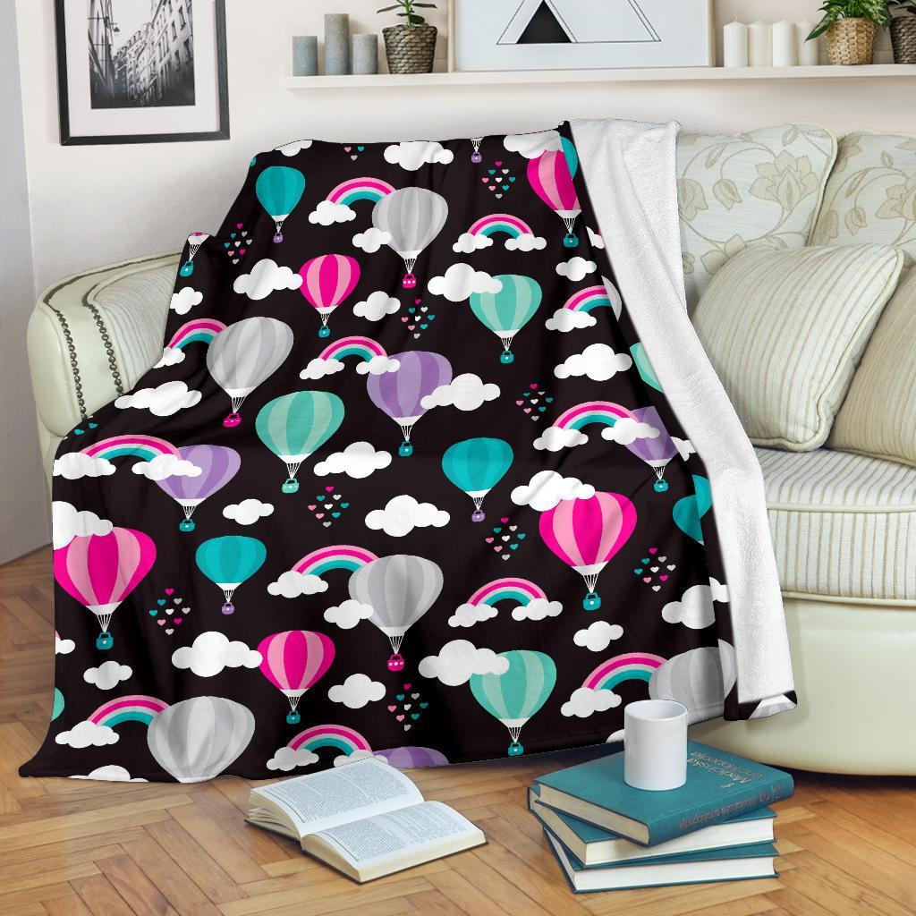 Black Hot Air Balloon Pattern Print Blanket-grizzshop