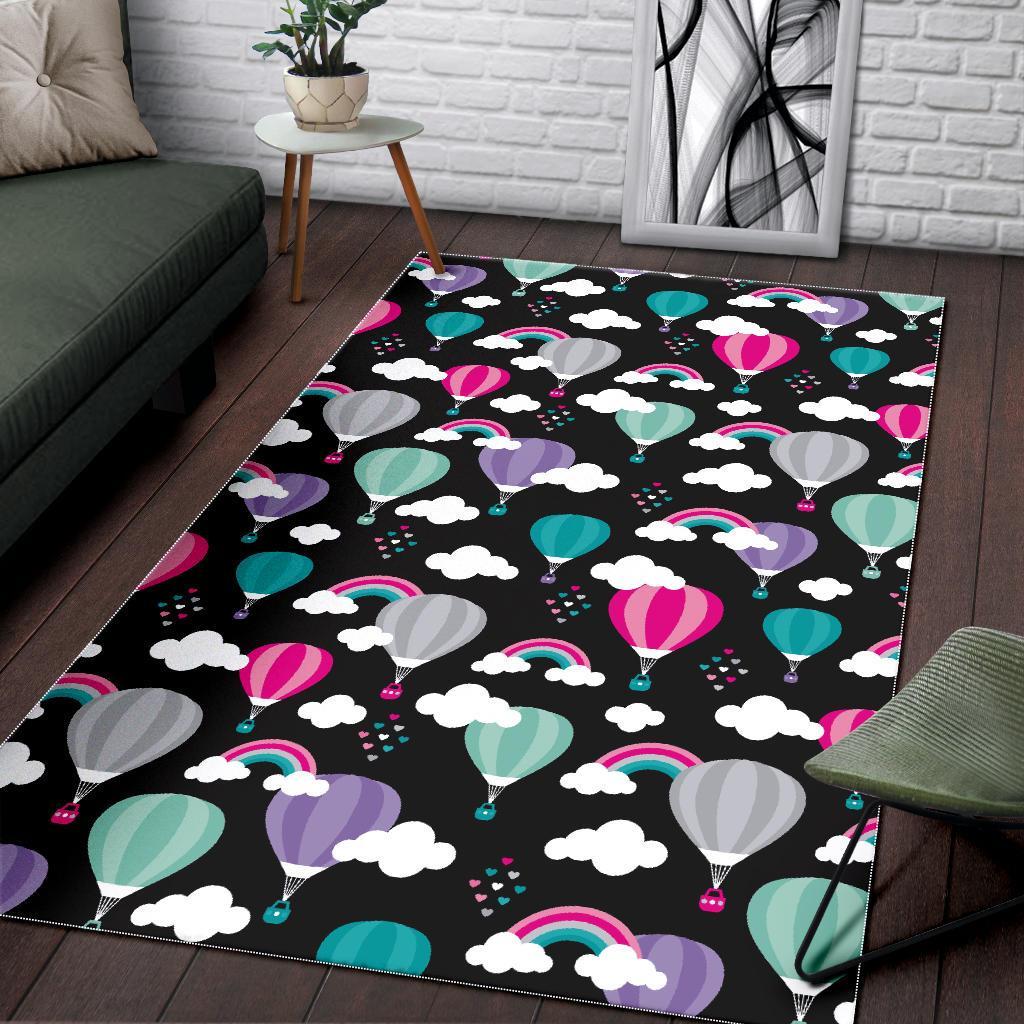 Black Hot Air Balloon Pattern Print Floor Mat-grizzshop