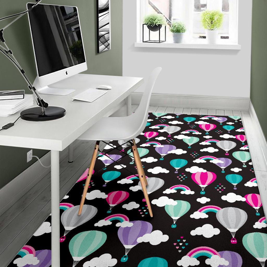 Black Hot Air Balloon Pattern Print Floor Mat-grizzshop