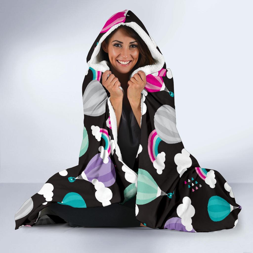 Black Hot Air Balloon Pattern Print Hooded Blanket-grizzshop