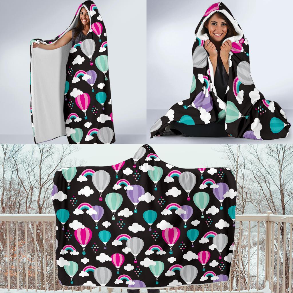 Black Hot Air Balloon Pattern Print Hooded Blanket-grizzshop