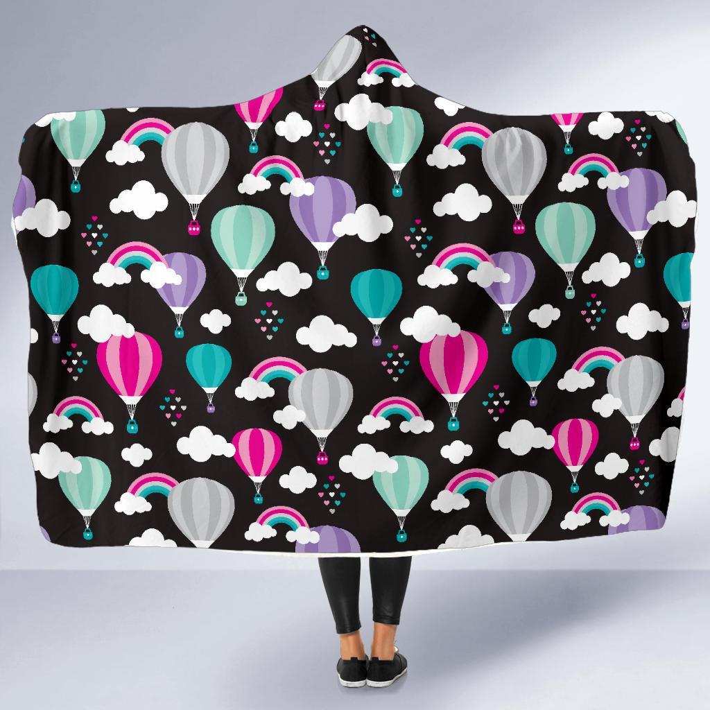 Black Hot Air Balloon Pattern Print Hooded Blanket-grizzshop