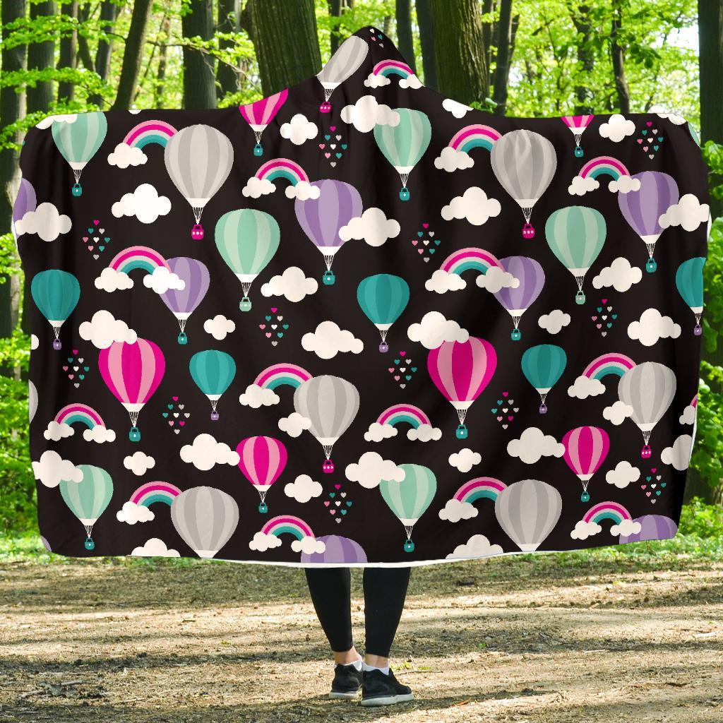 Black Hot Air Balloon Pattern Print Hooded Blanket-grizzshop