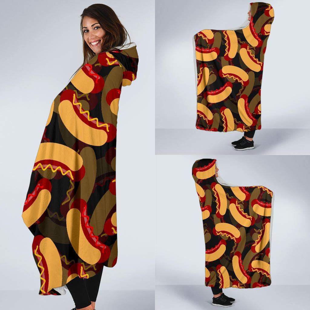 Black Hot Dog Pattern Print Hooded Blanket-grizzshop