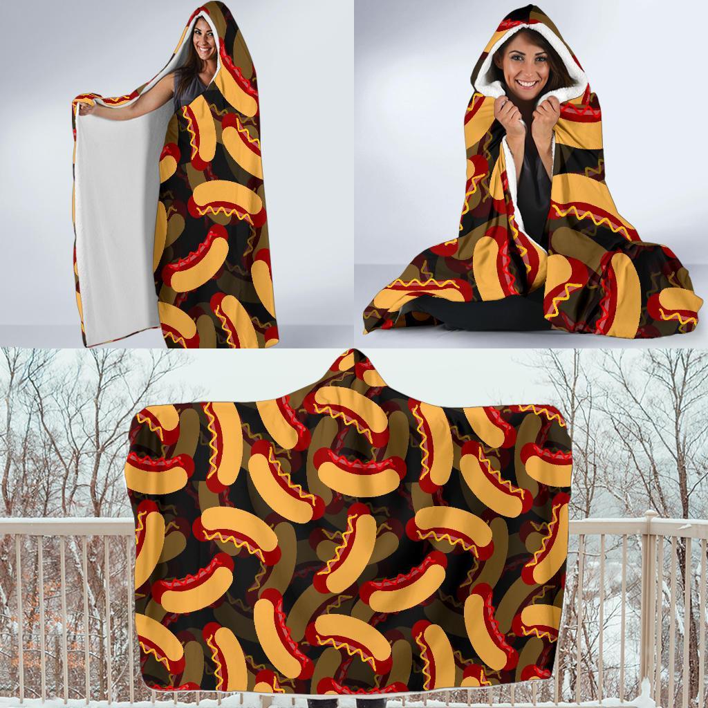 Black Hot Dog Pattern Print Hooded Blanket-grizzshop