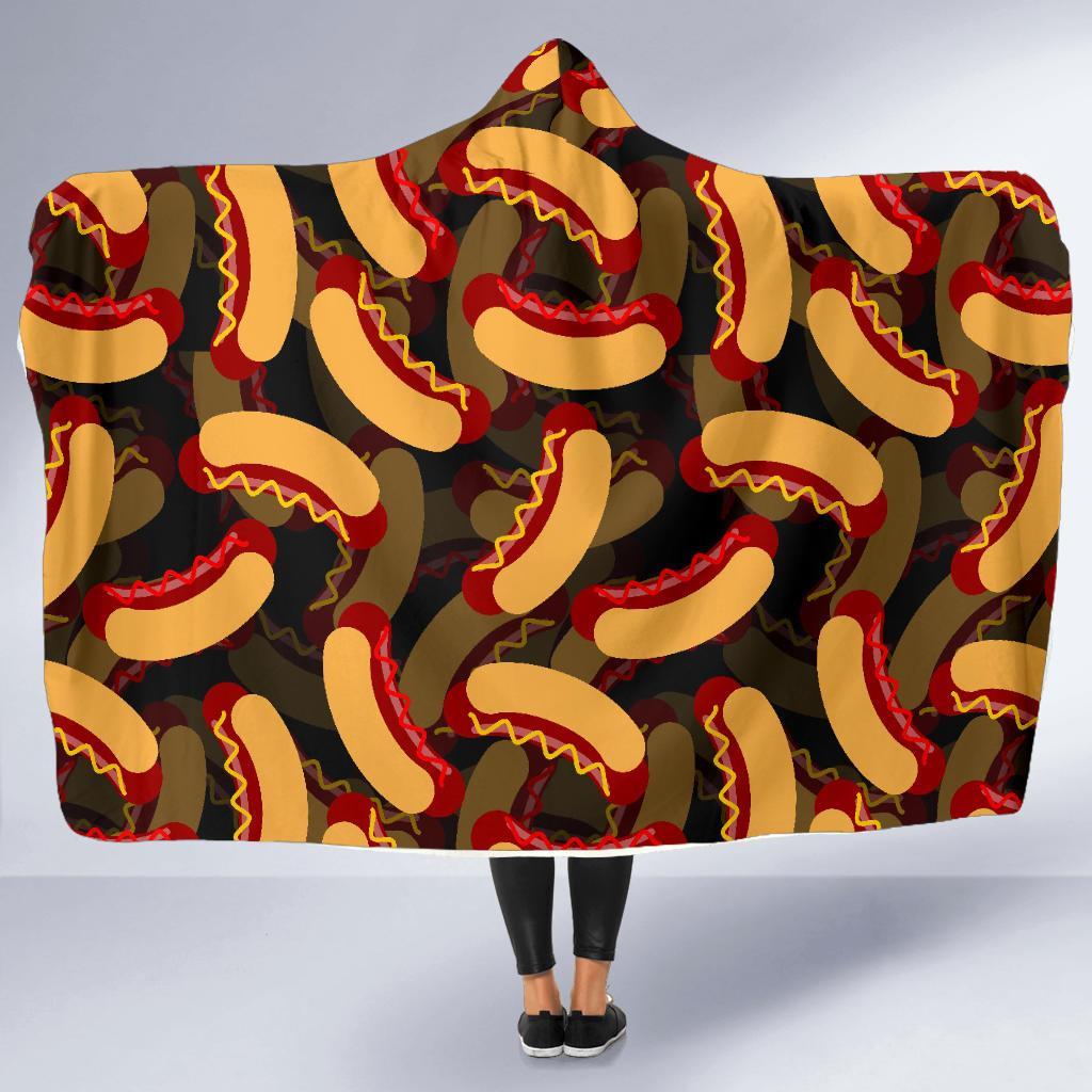 Black Hot Dog Pattern Print Hooded Blanket-grizzshop