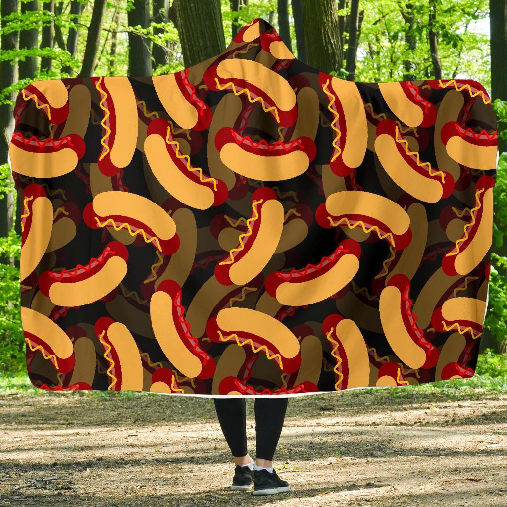 Black Hot Dog Pattern Print Hooded Blanket-grizzshop